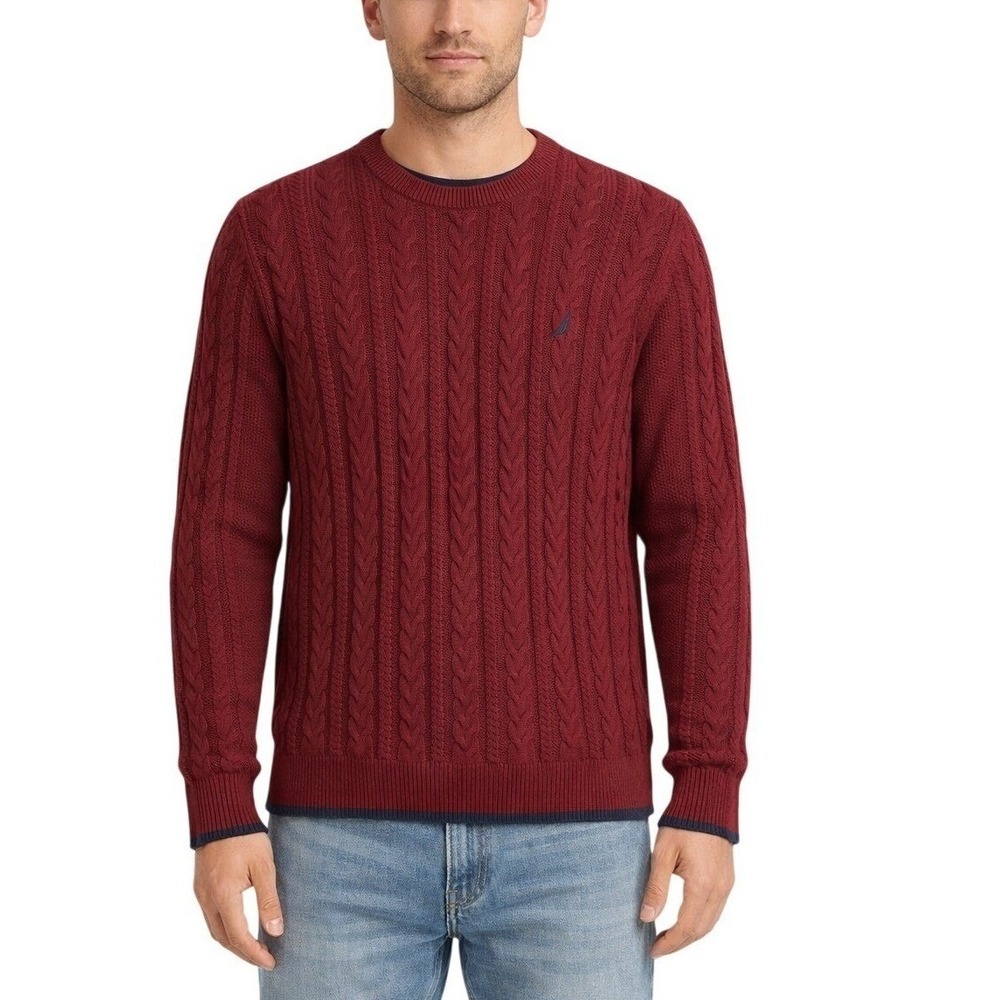Nautica Mens Burgundy Cable Knit L 100% Cotton Crewneck Sweater Nautical Logo - Picture 2 of 9